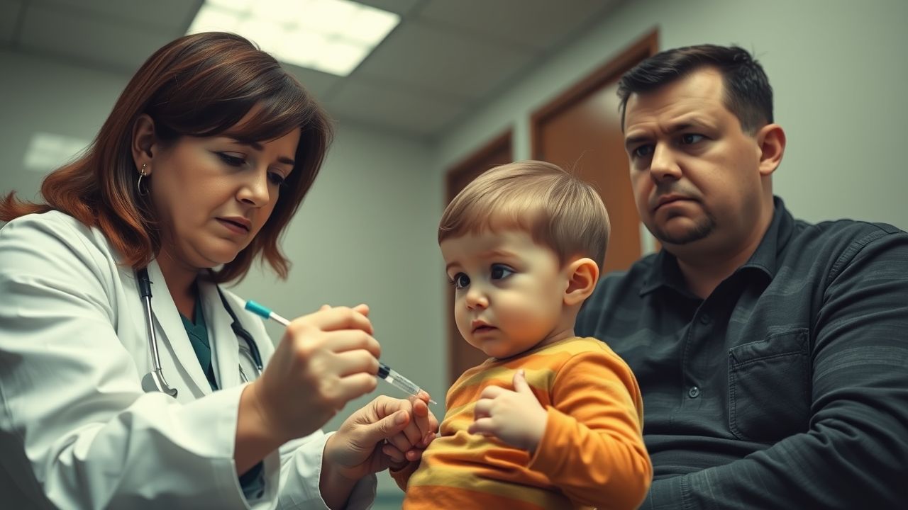 A doctor examines a child while two worried parents look on. A doctor examines a child while two worried parents look on.