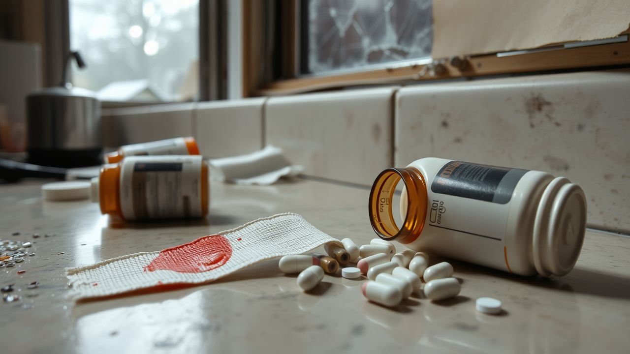 A cluttered kitchen counter with discarded bandage and overturned pills. A cluttered kitchen counter with discarded bandage and overturned pills.