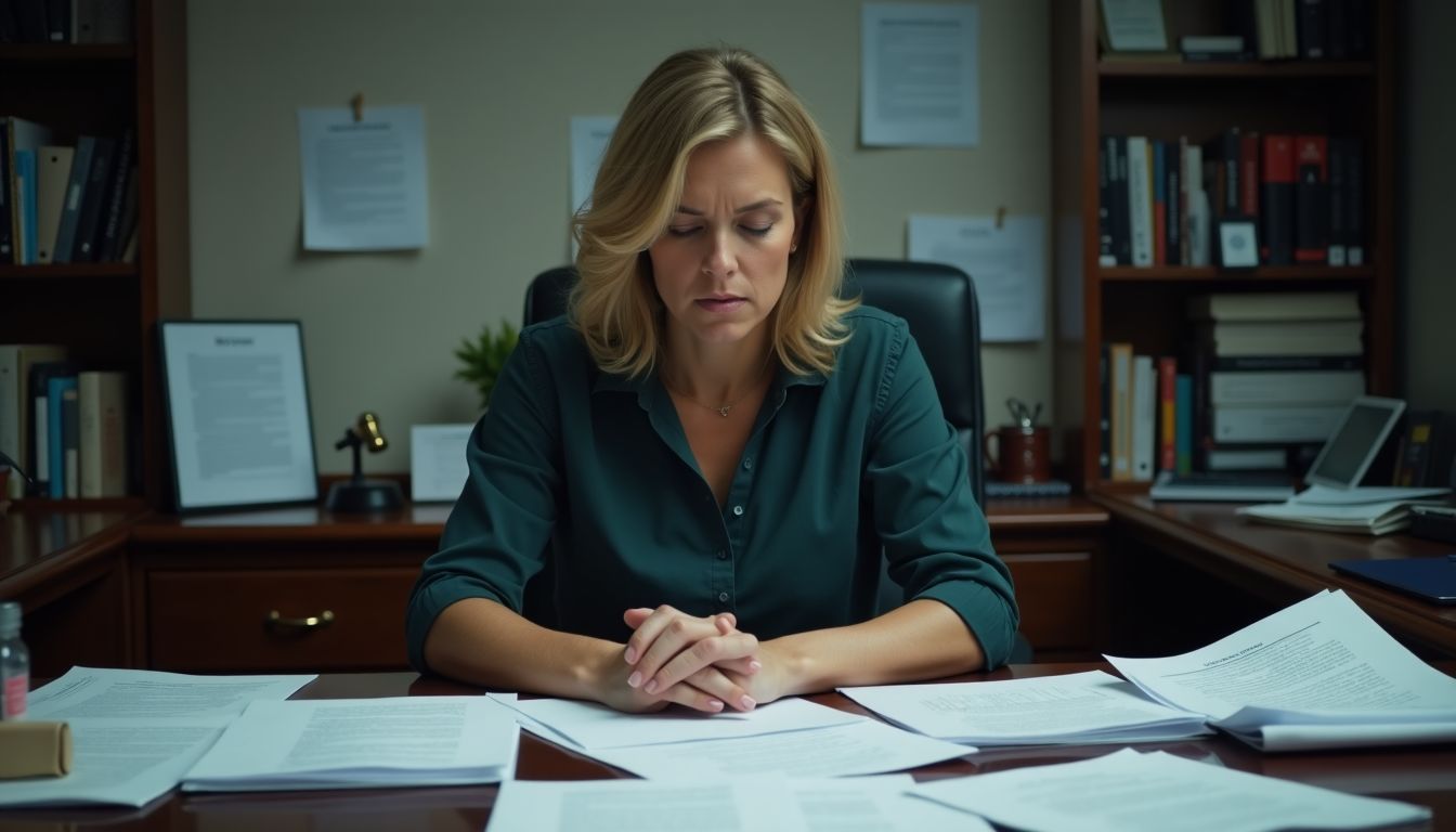 A stressed woman works on vaccine injury cases at a cluttered desk. A stressed woman works on vaccine injury cases at a cluttered desk.