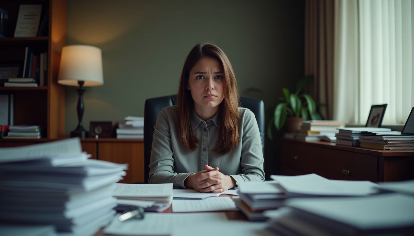 A worried woman in an attorney's office with stacks of legal documents. A worried woman in an attorney's office with stacks of legal documents.