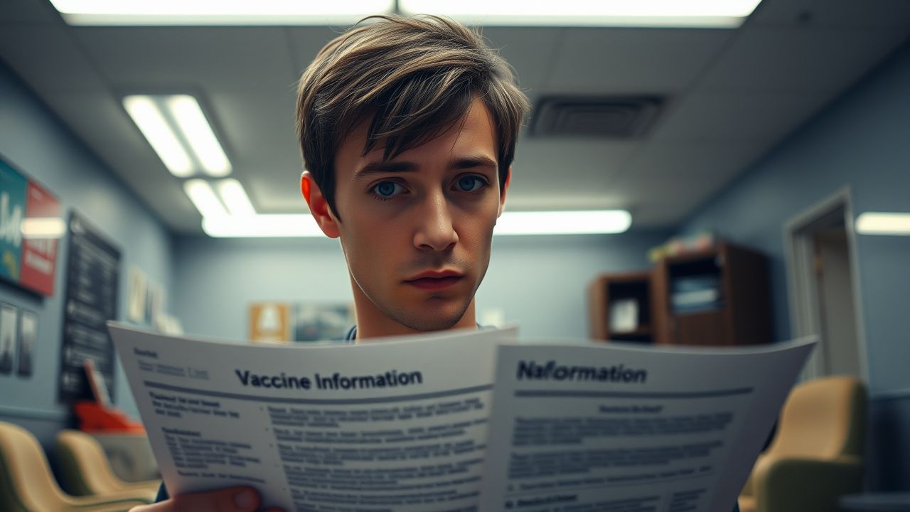 A person reads a vaccine information sheet in a dim doctor's office. A person reads a vaccine information sheet in a dim doctor's office.